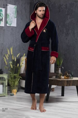 Чоловічий халат махровий темно-синій з капюшоном - Nusa