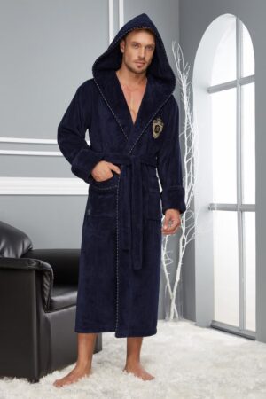 Чоловічий махровий халат темно-синій - Nusa